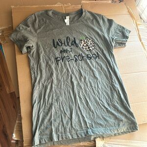 “Wild About Preschool” olive green t-shirt with leopard print Apple. Medium